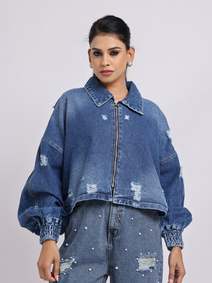 Blue Distressed Denim Jacket with Zip Closure