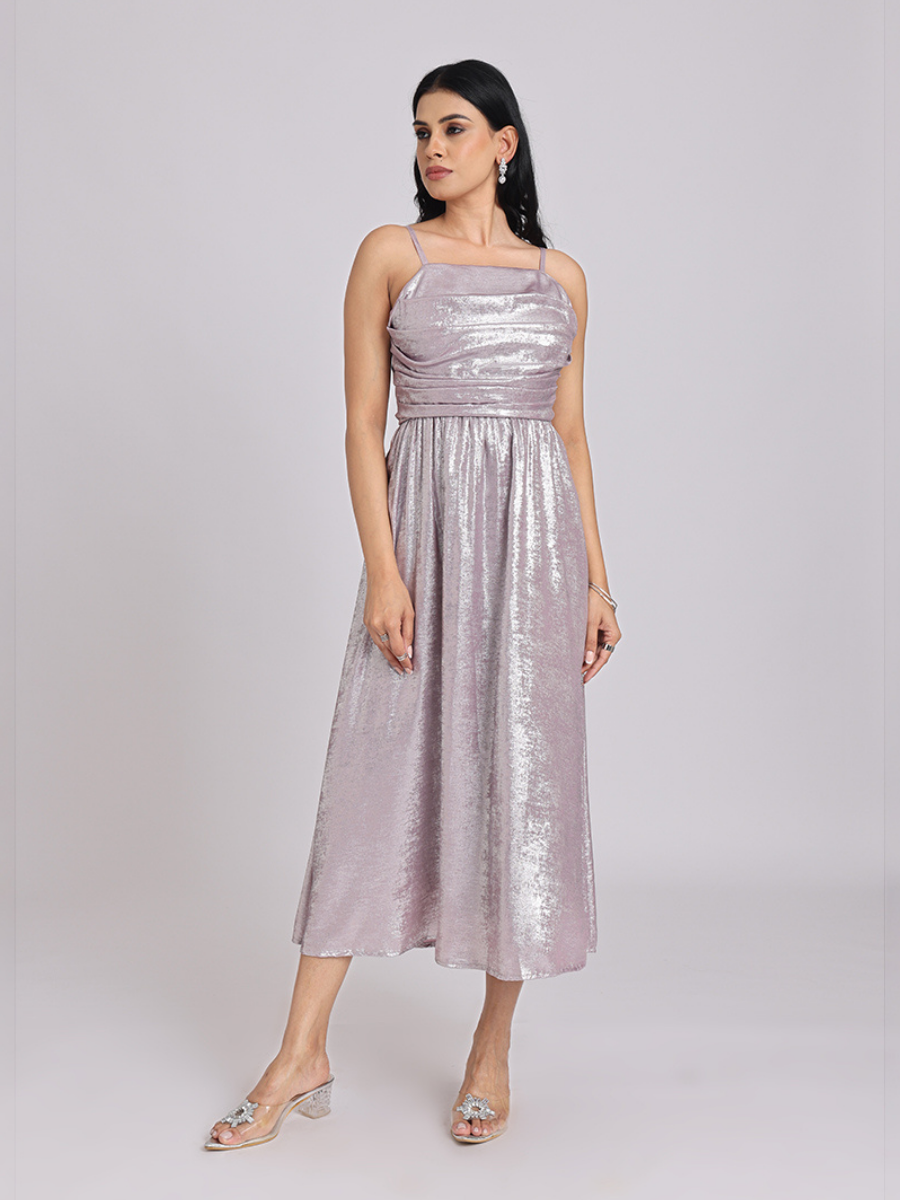 Metallic Lavender Back-Bow Midi Dress