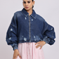 Dark Blue Distressed Denim Jacket with Zip Closure
