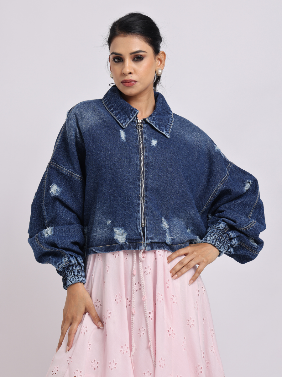 Dark Blue Distressed Denim Jacket with Zip Closure