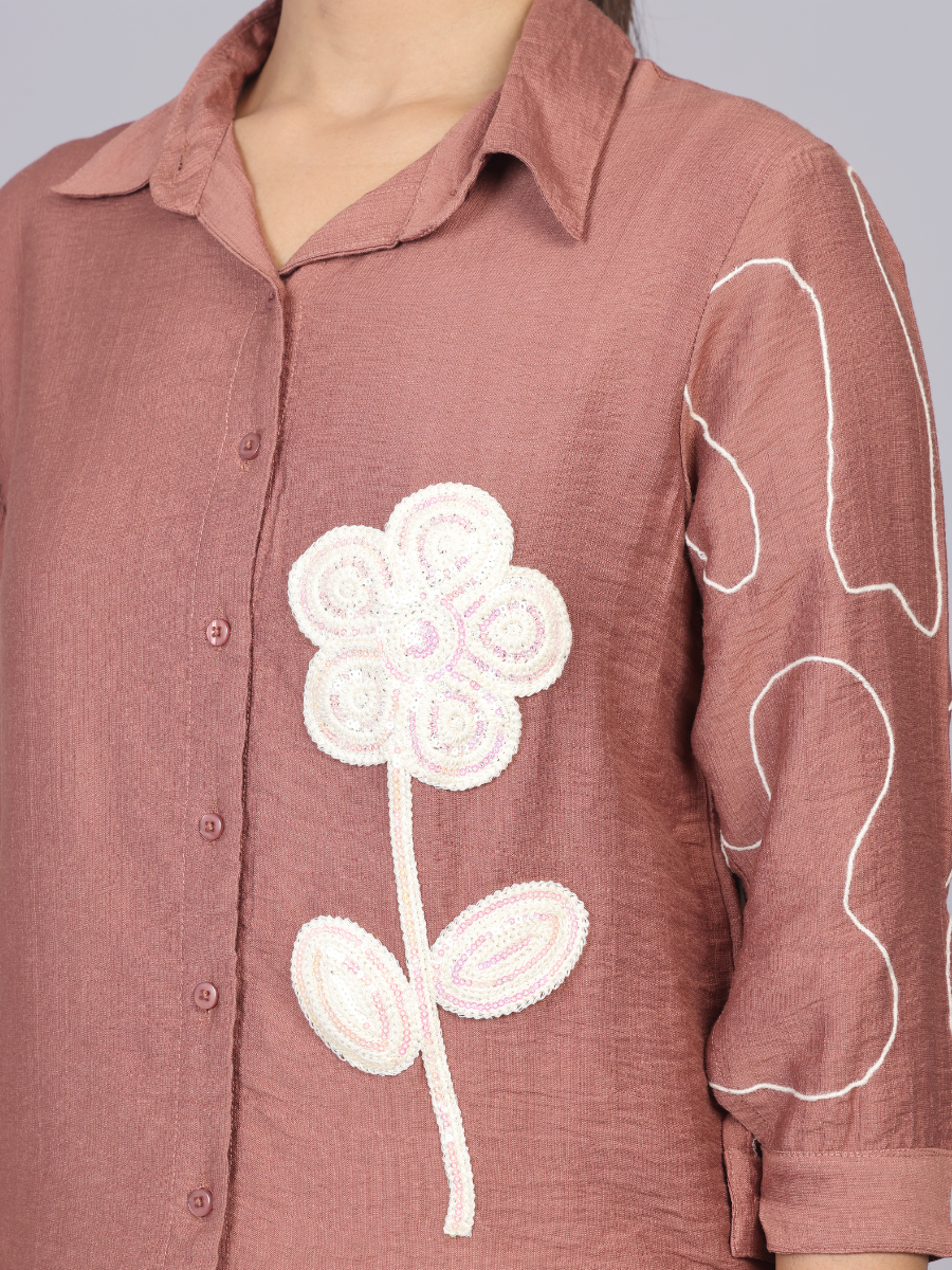 Blush Terra Brown Petal Embroidered Shirt