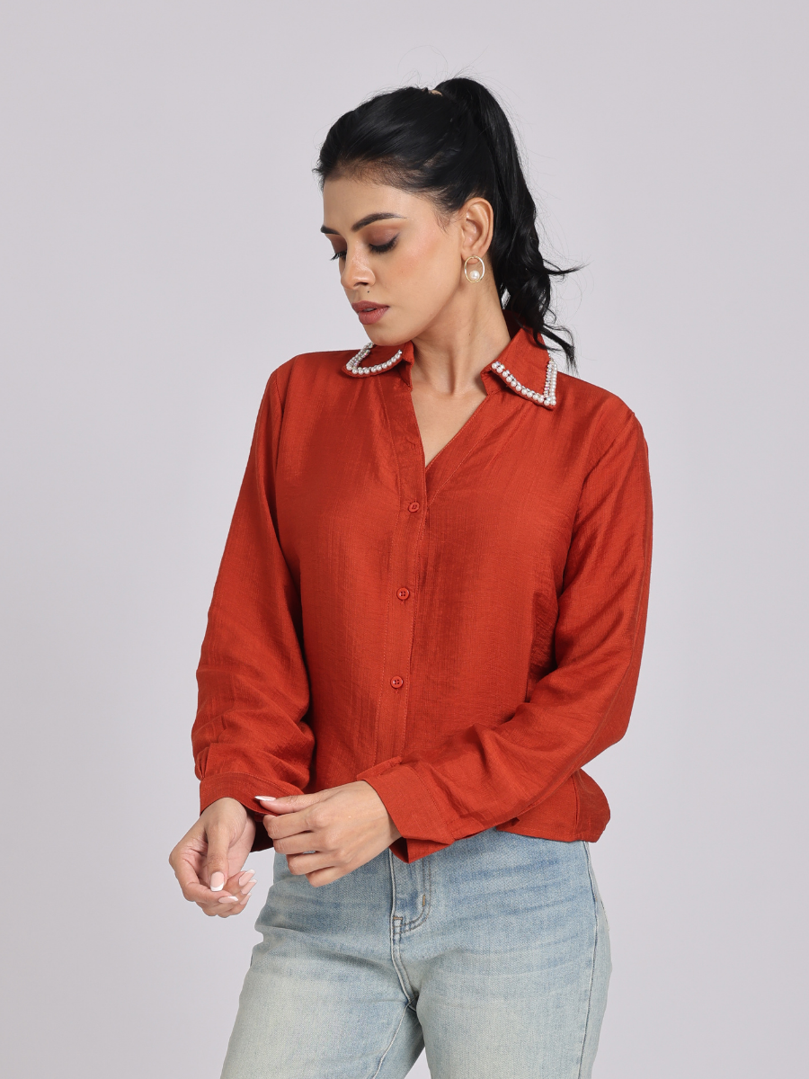 Rust Orange Pearl & Diamond Collar Shirt
