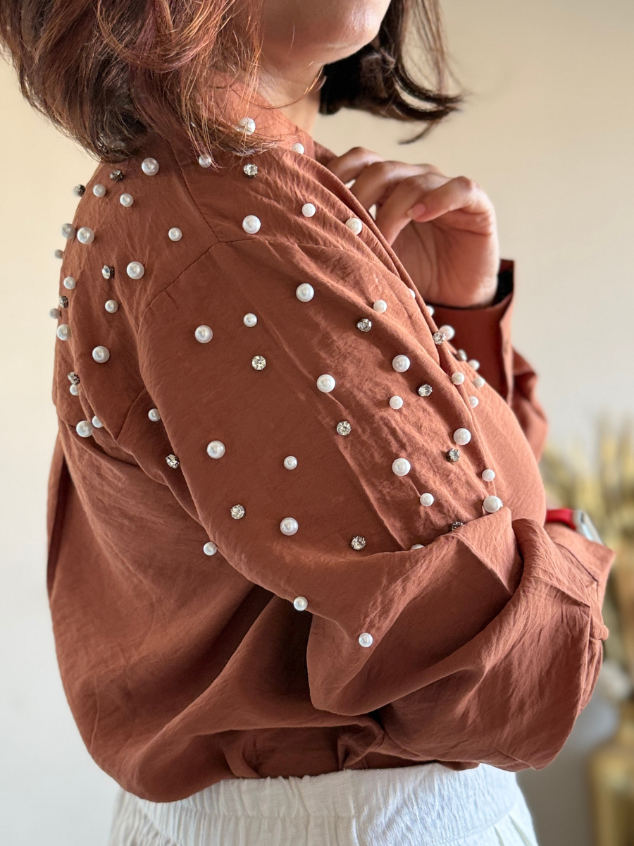 Brown Fit Pearl & Diamond-Embellished Shirt