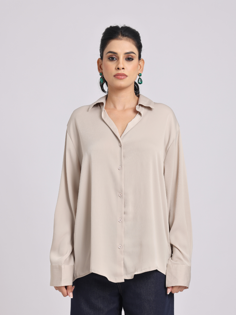 Beige Premium Flowy Satin Oversized Shirt