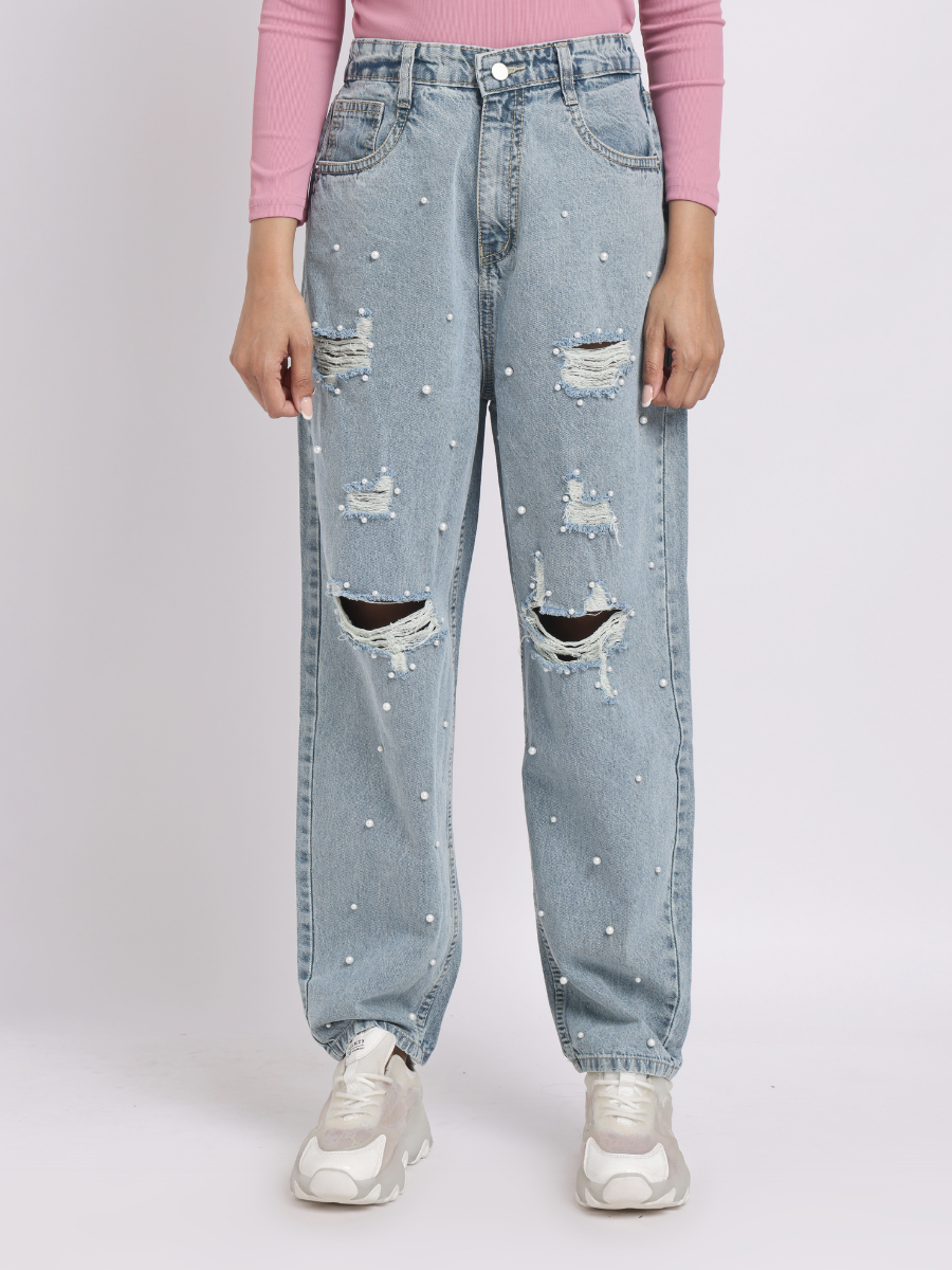 Blue Pearl Embellished Distressed Jeans