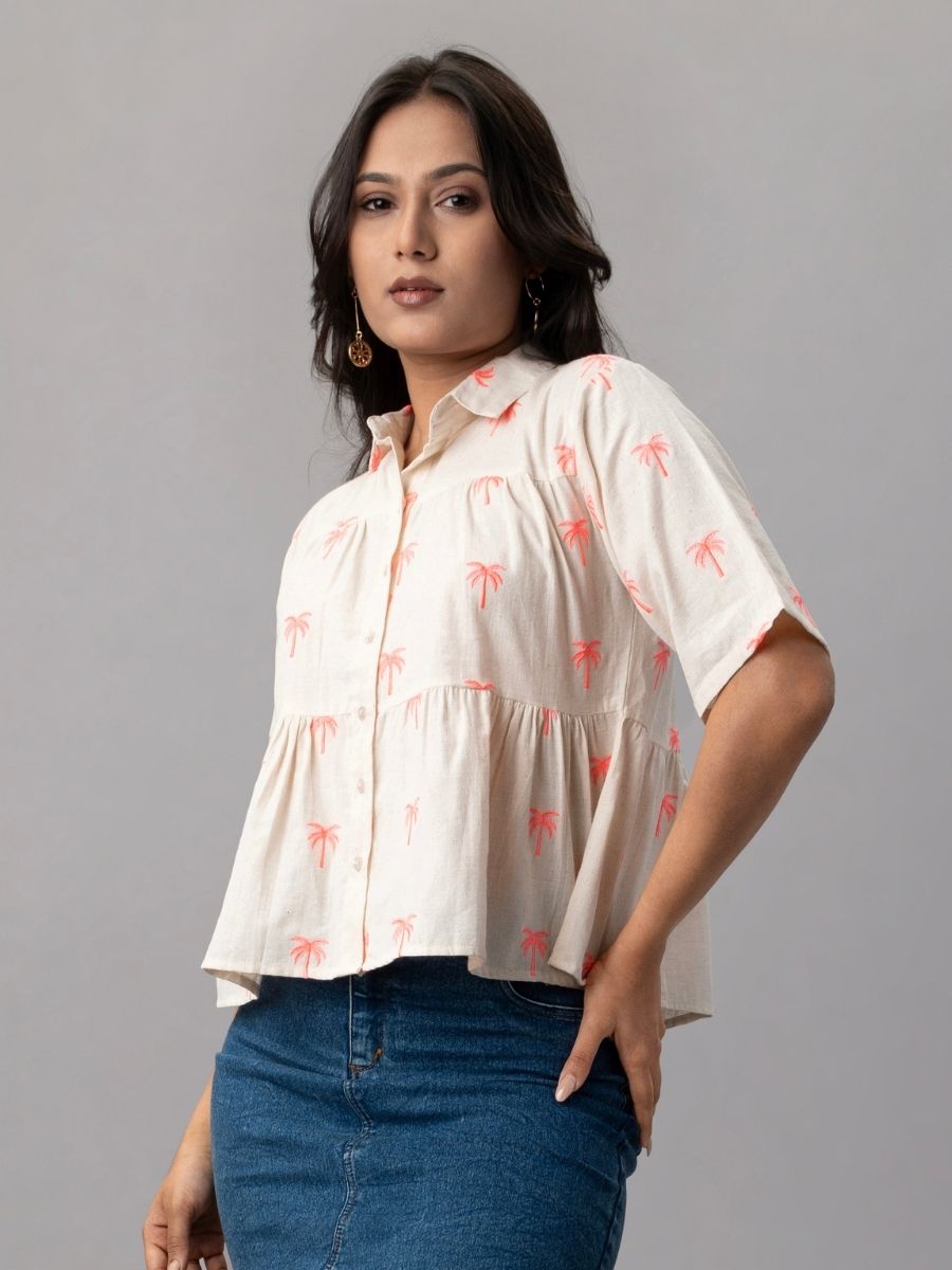 Palm Breeze Peplum Cotton Shirt - Pink