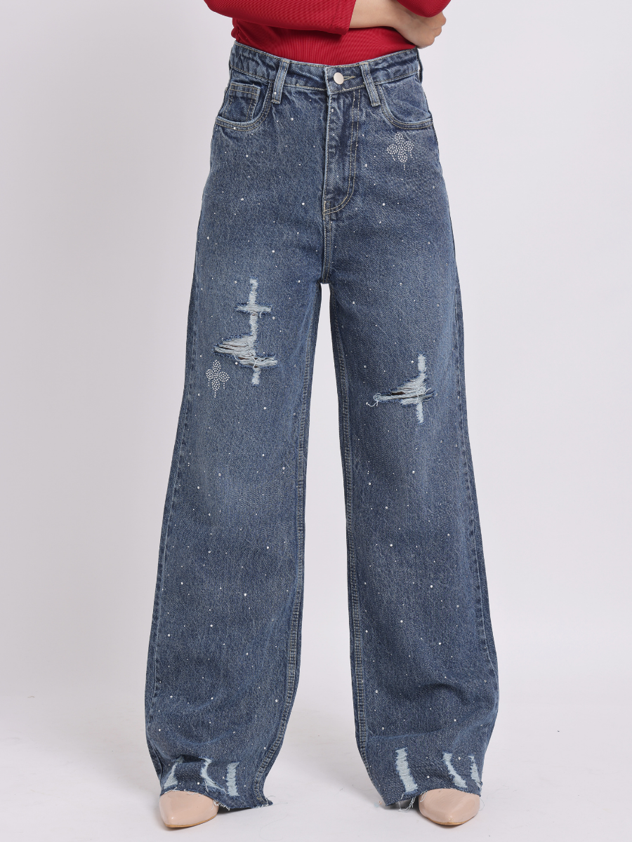 Dark Blue Distressed Rhinestone Wide-Leg Denim Jeans