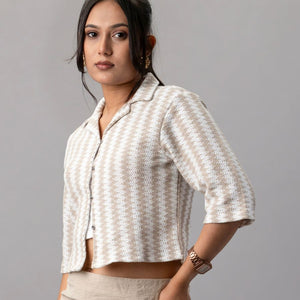Beige Houndstooth Knit Crop Shirt