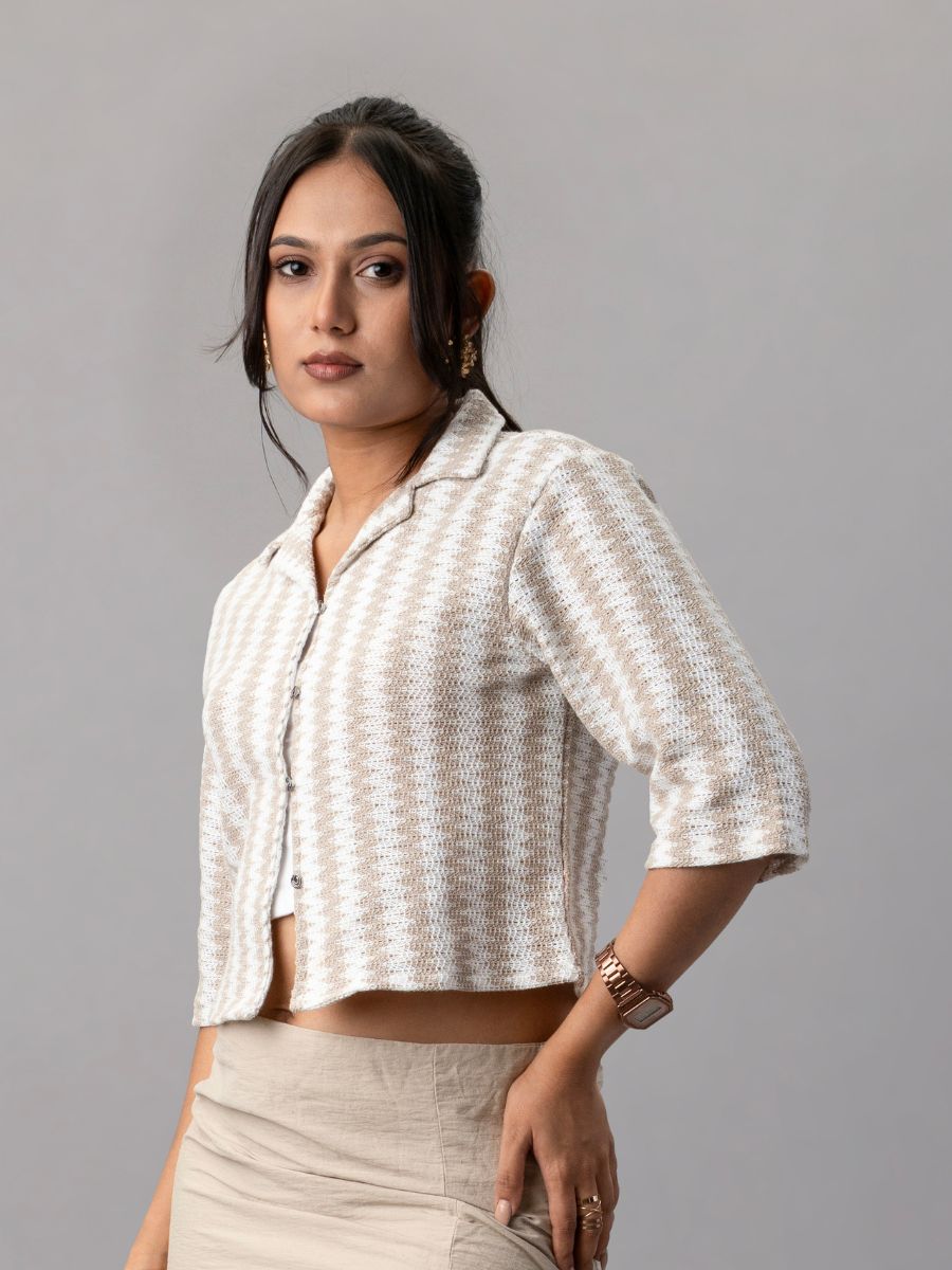 Beige Houndstooth Knit Crop Shirt