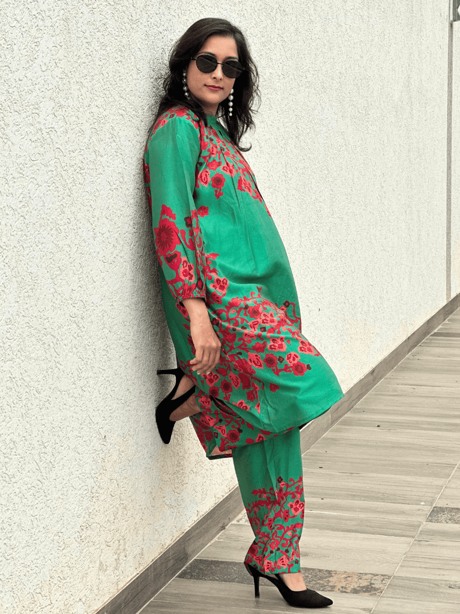 Green Silk Print Co-Ords Set