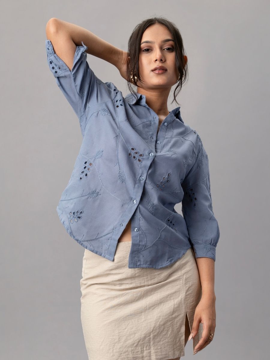 Blue Cotton Shirt with Cutwork Embroidery