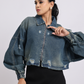 Blue Distressed Denim Jacket with Zip Closure