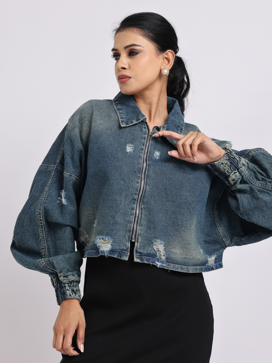 Blue Distressed Denim Jacket with Zip Closure