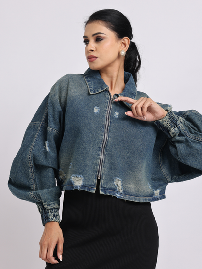 Blue Distressed Denim Jacket with Zip Closure
