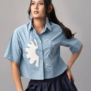 Sky Blue Cropped Shirt with Oversized White Appliqué Flower