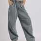 Grey Elastic Waist Wide-Leg Denim Jeans