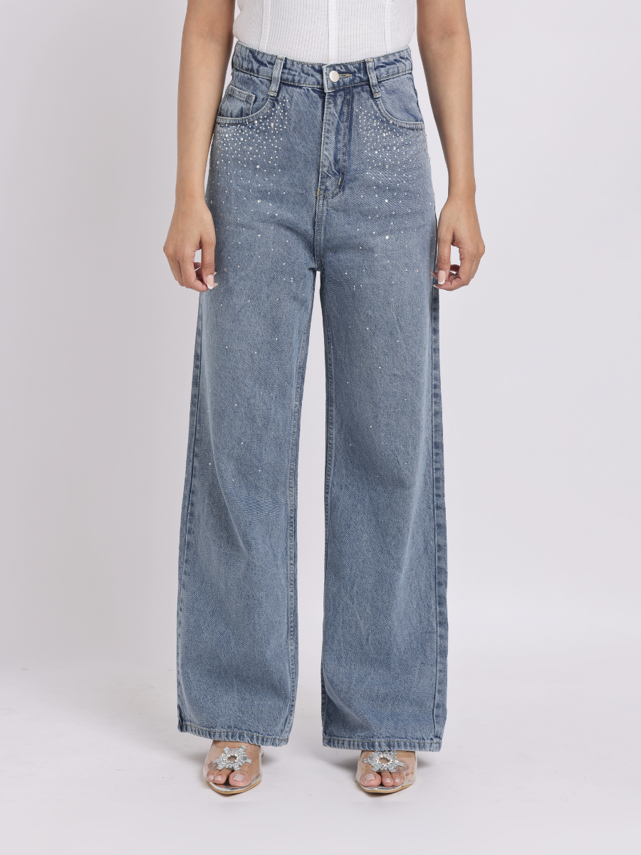 Blue Rhinestone-Embellished Wide-Leg Denim Jeans