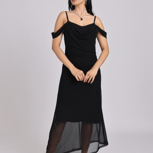 Black Draped Cold-Shoulder Sheer Hem Maxi Dress