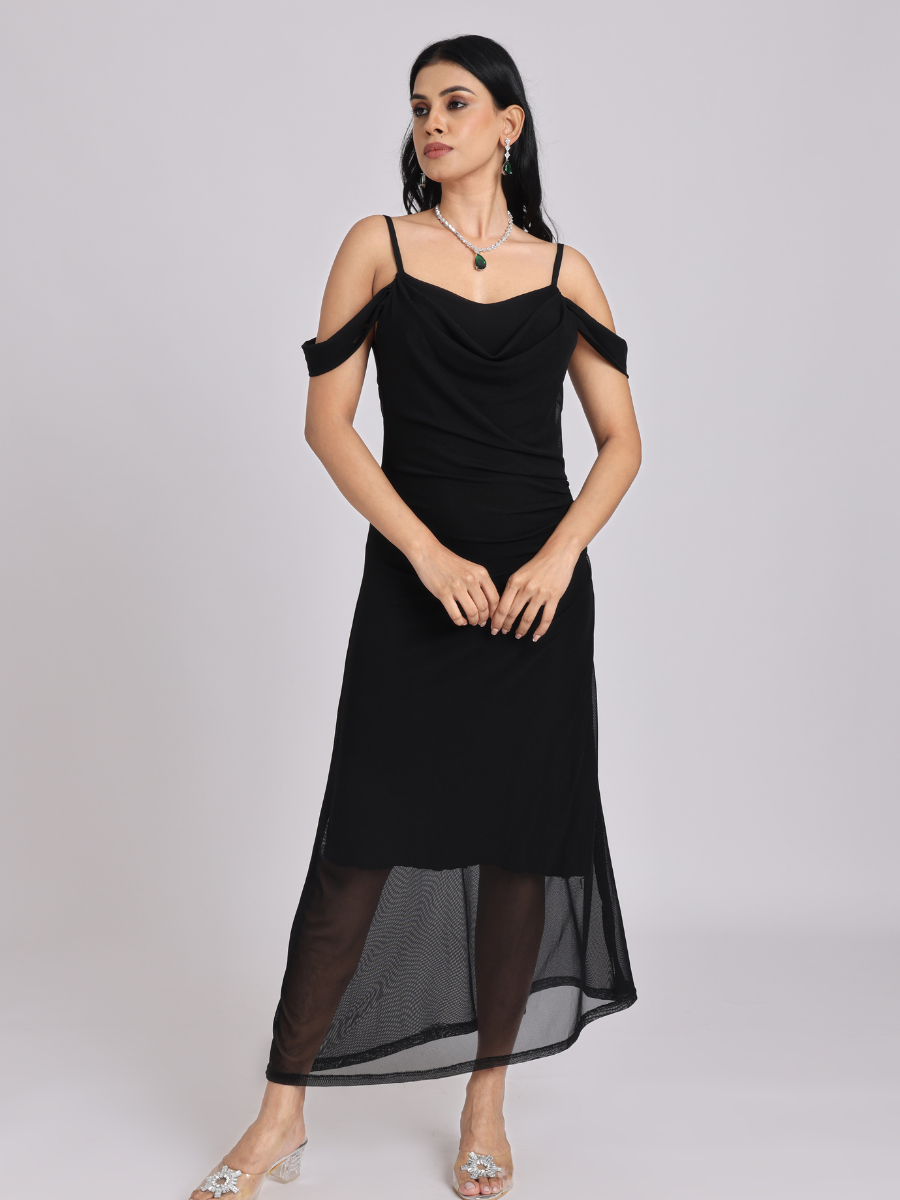 Black Draped Cold-Shoulder Sheer Hem Maxi Dress