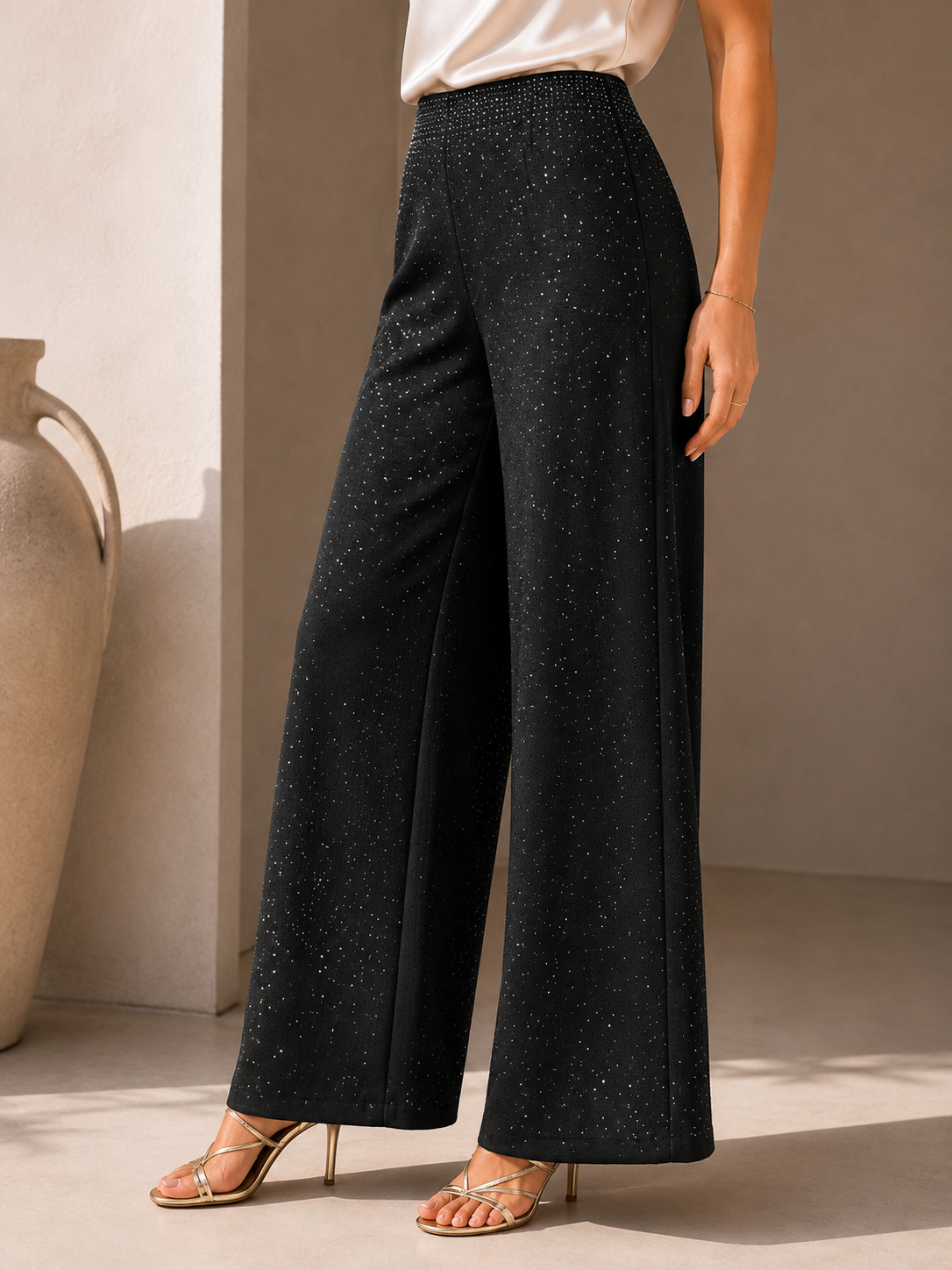 Black Luxe Rhinestone Embellished High-Rise Wide-Leg Trousers