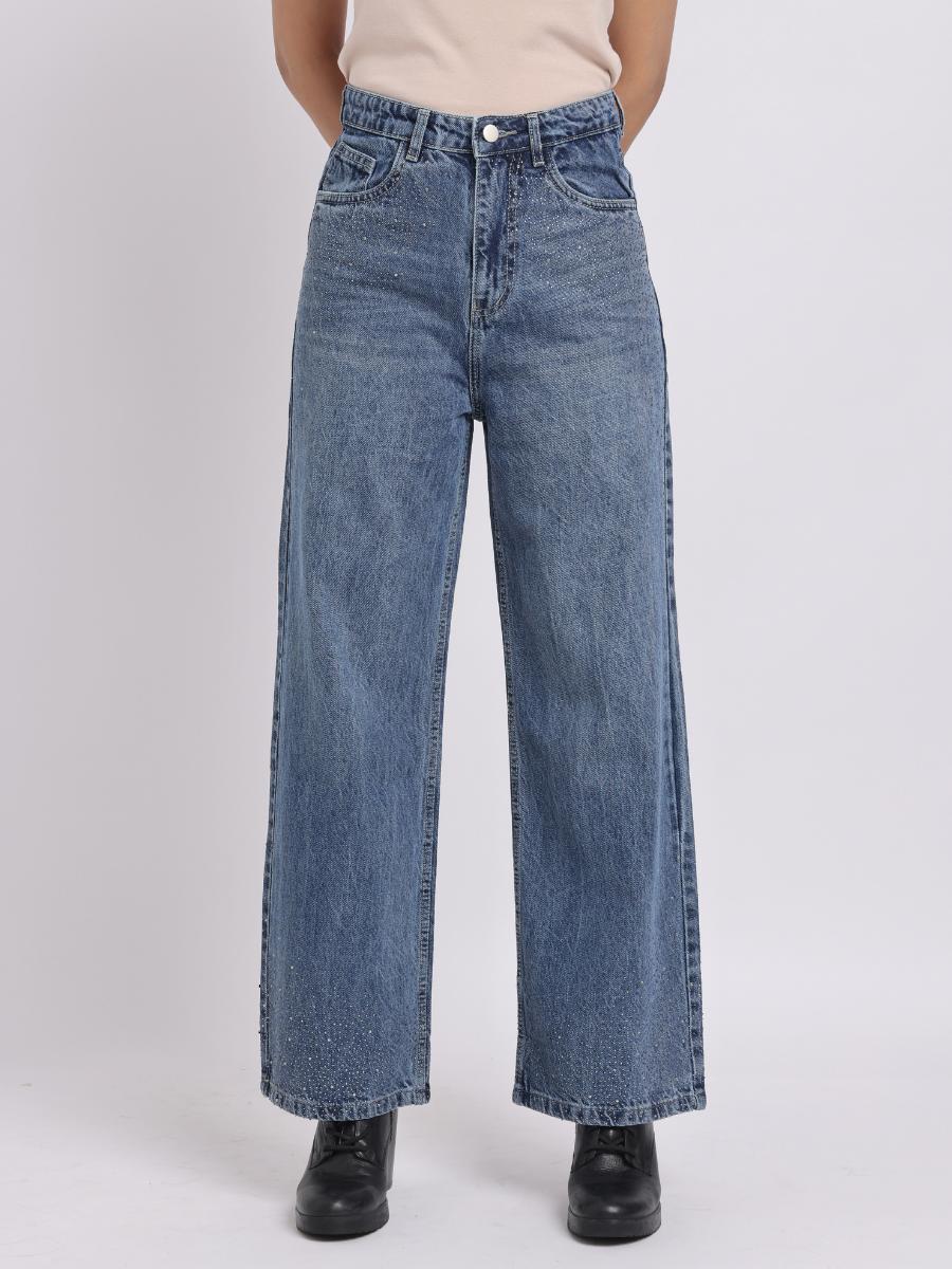 Mid-Blue Rhinestone Straight-Fit Jeans