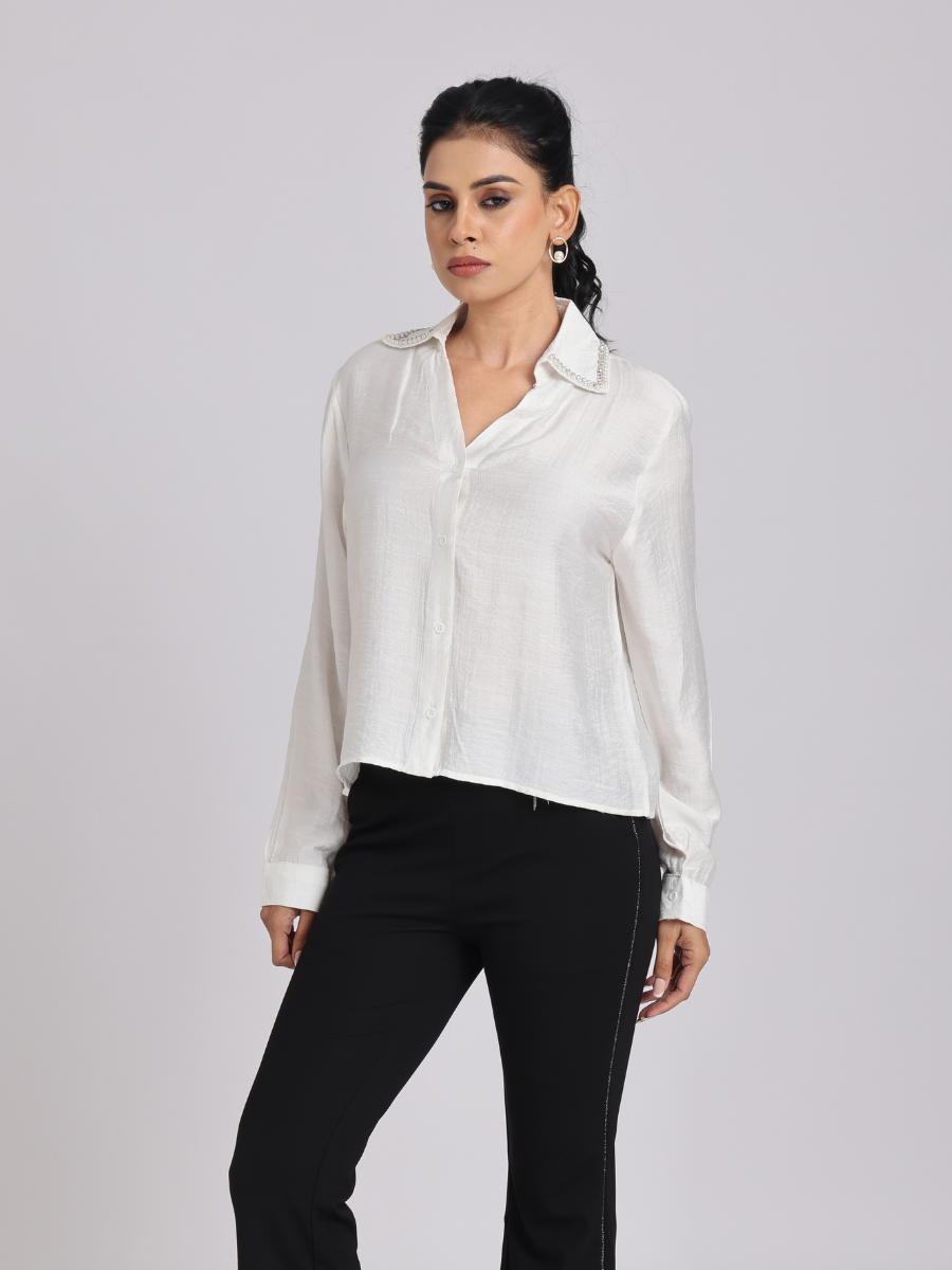 Pearl-Trim Luxe Satin Shirt - White
