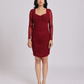 Maroon Ruched Mesh-Sleeve Bodycon Dress