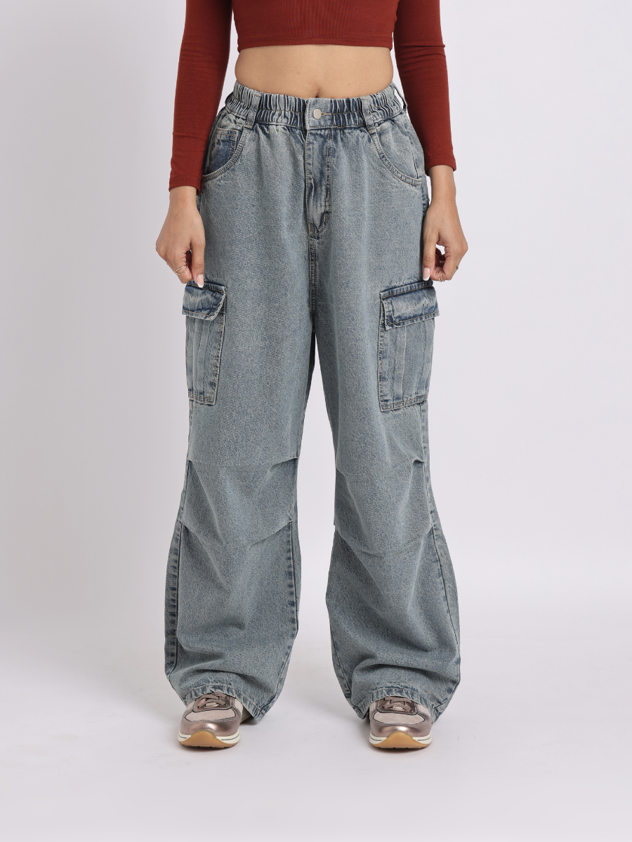 Relaxed Fit Cargo-Style Denim Jeans