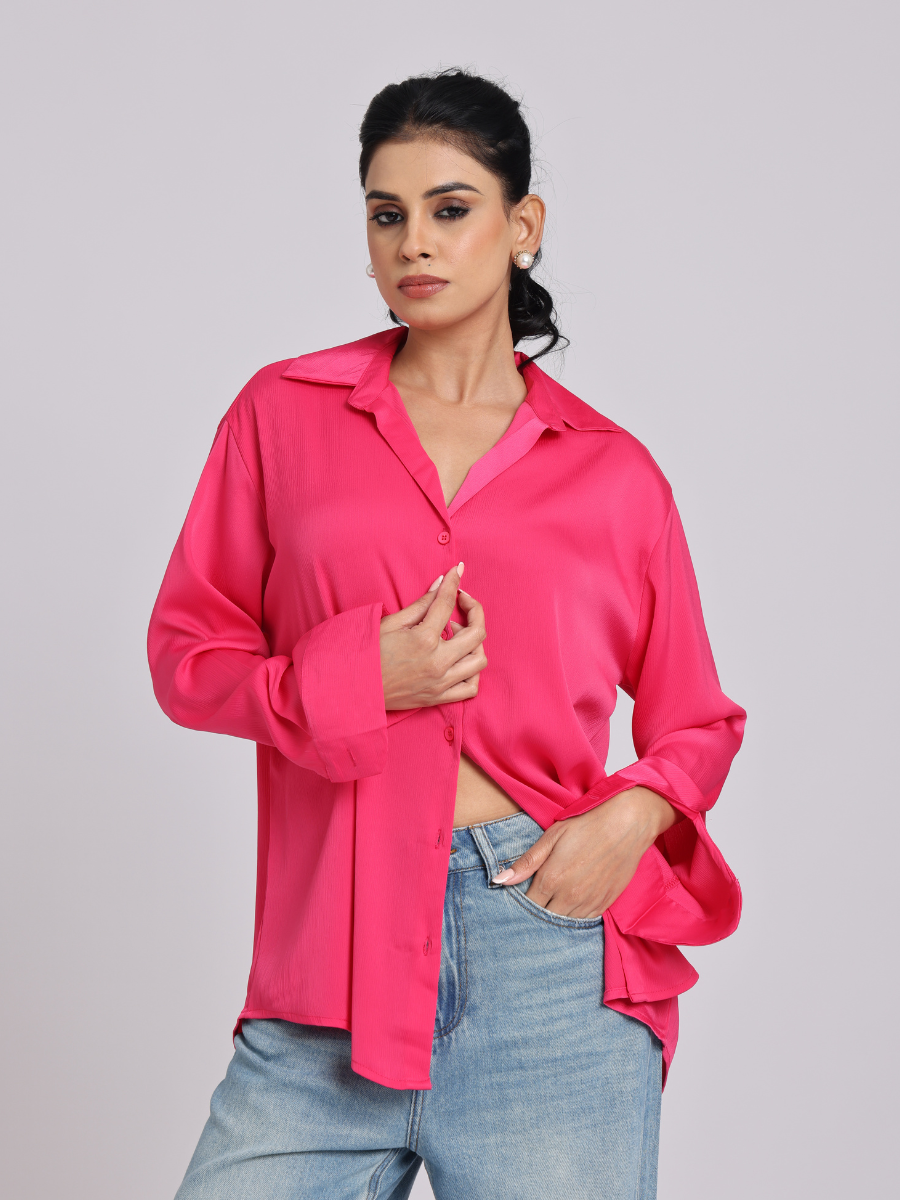 Pink Premium Flowy Satin Oversized Shirt