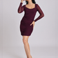 Wine Ruched Mesh-Sleeve Bodycon Mini Dress