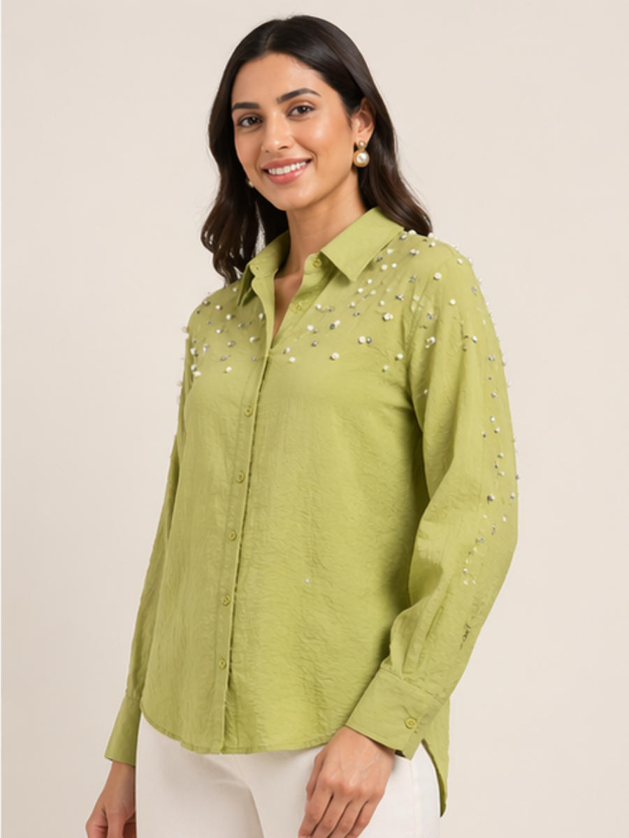 Olive Green Fit Pearl & Diamond-Embellished Shirt