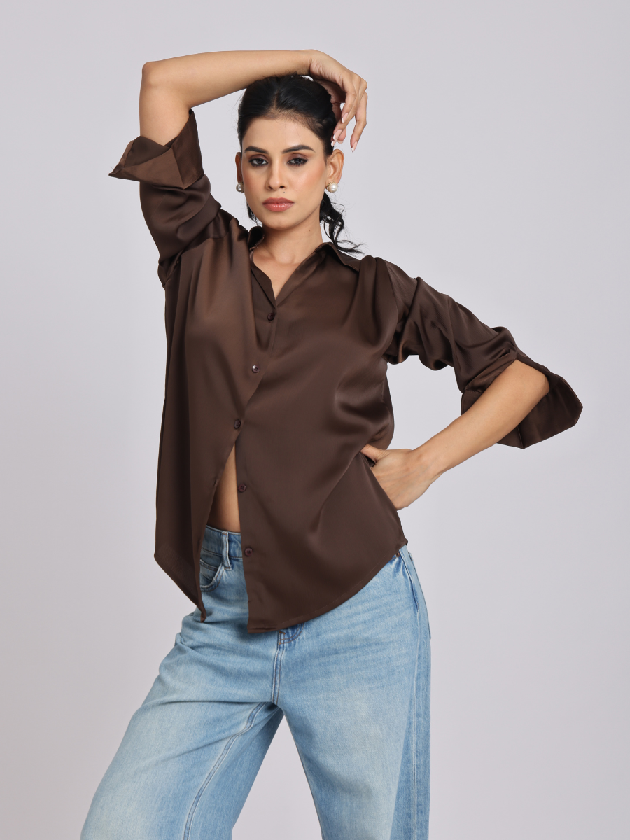 Rich Mocha Satin Long-Sleeve Shirt