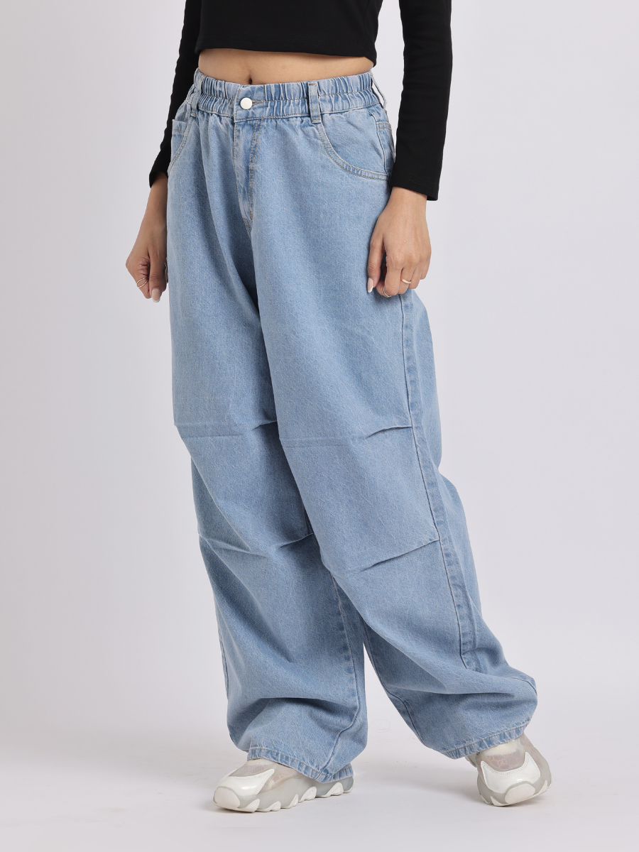 High-Waist Elasticated Wide-Leg Denim Jeans