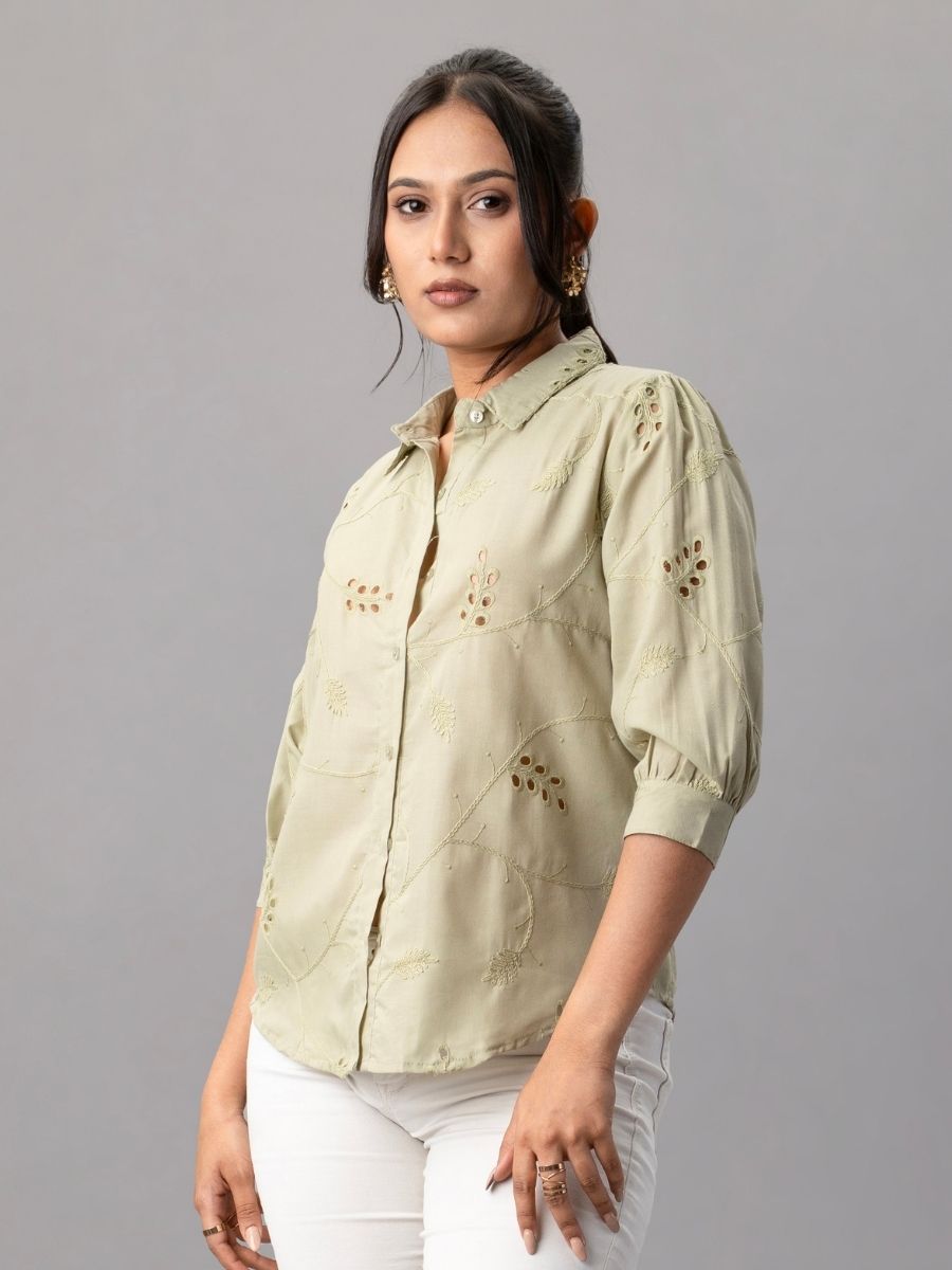 Sage Green Embroidered Cotton Shirt