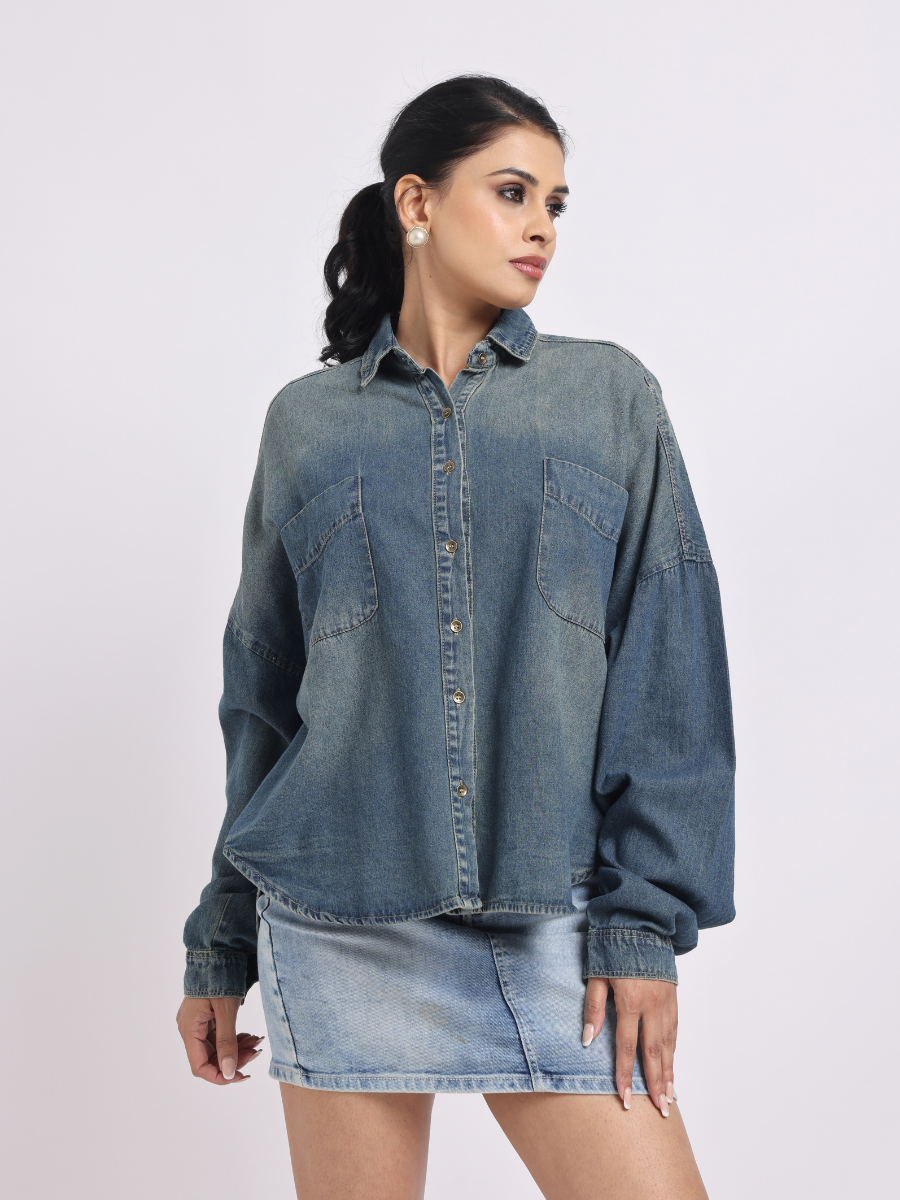 Oversized Mid Blue Denim Shirt with Dropped Shoulder