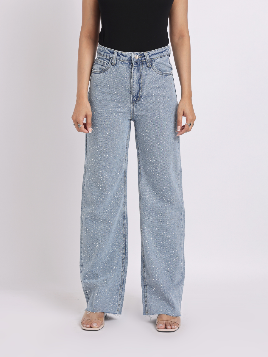 Light Blue Rhinestone Studded Straight-Fit Denim Jeans
