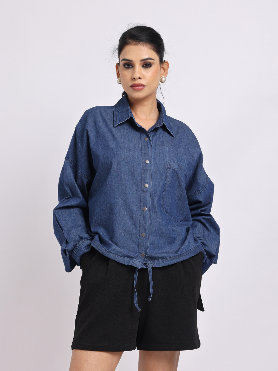 Drawstring Hem Denim Shirt