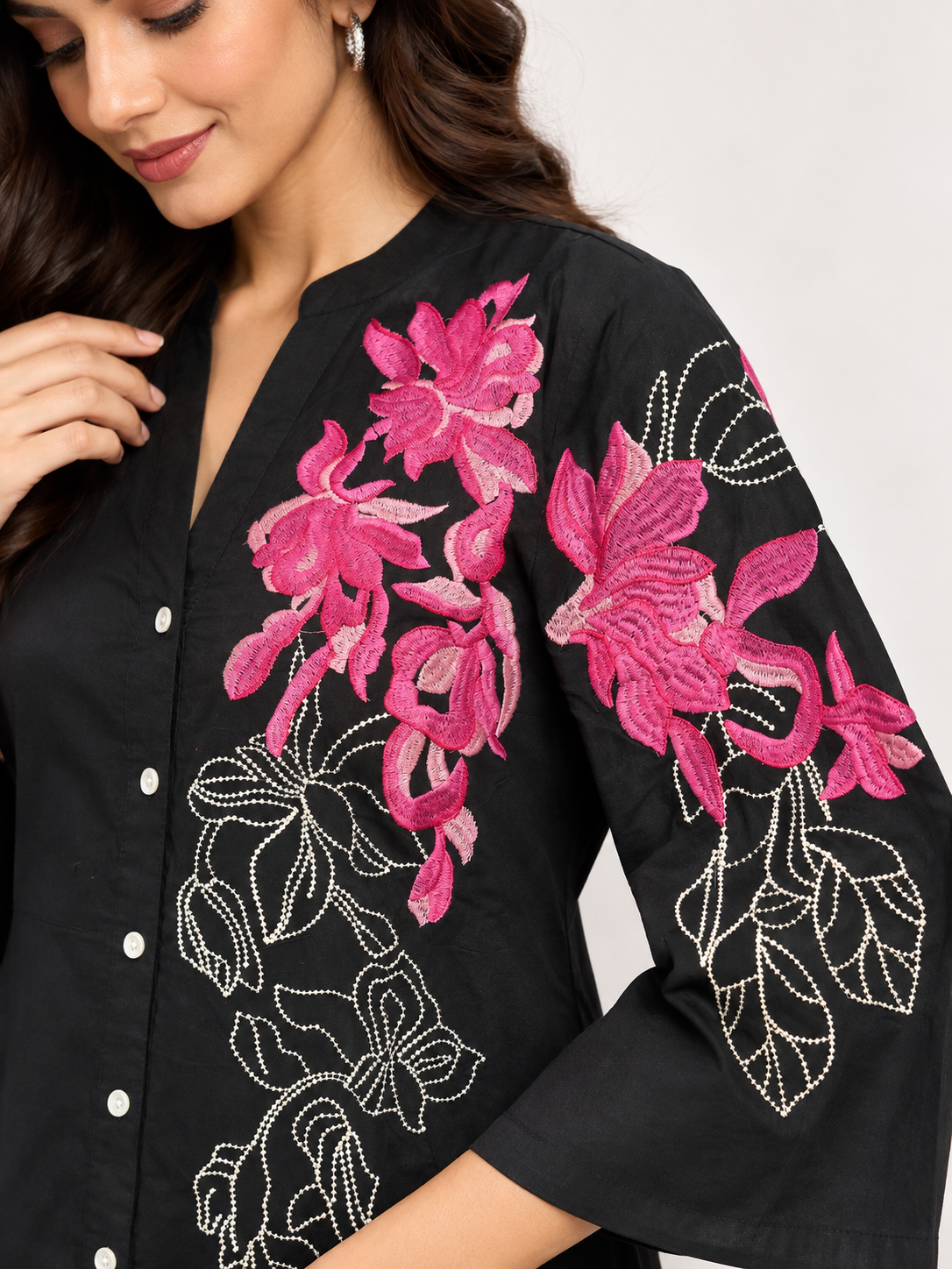 Black Embroidered Cotton A-Line Midi Dress