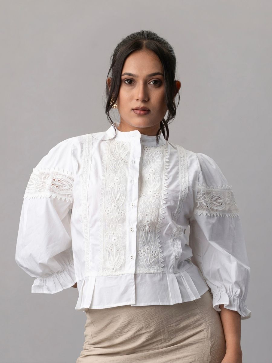 Victorian White Lace Panel Puff Sleeve Blouse