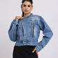 Blue Cropped Denim Jacket with Front Zip Detailing