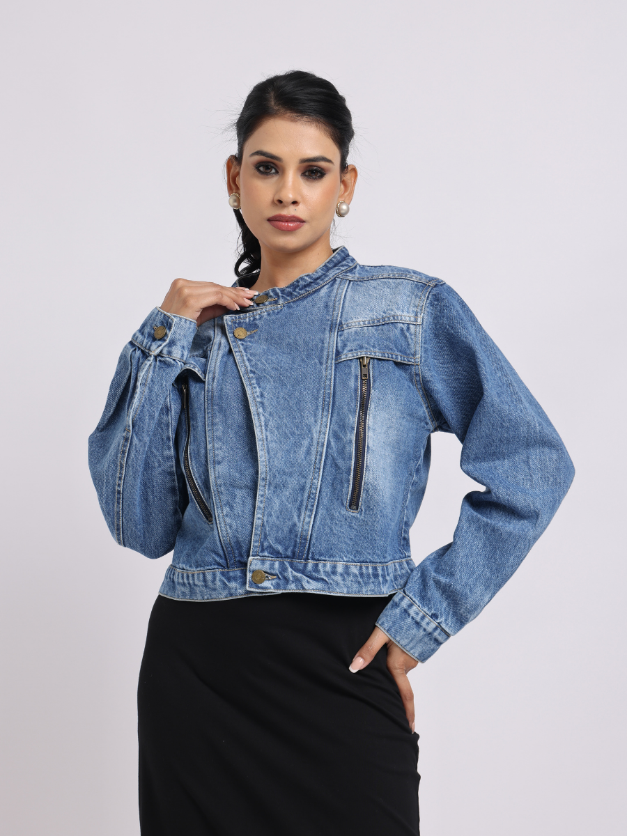 Blue Cropped Denim Jacket with Front Zip Detailing