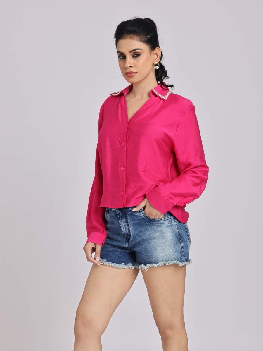 Hot Pink Pearl Collar Shirt