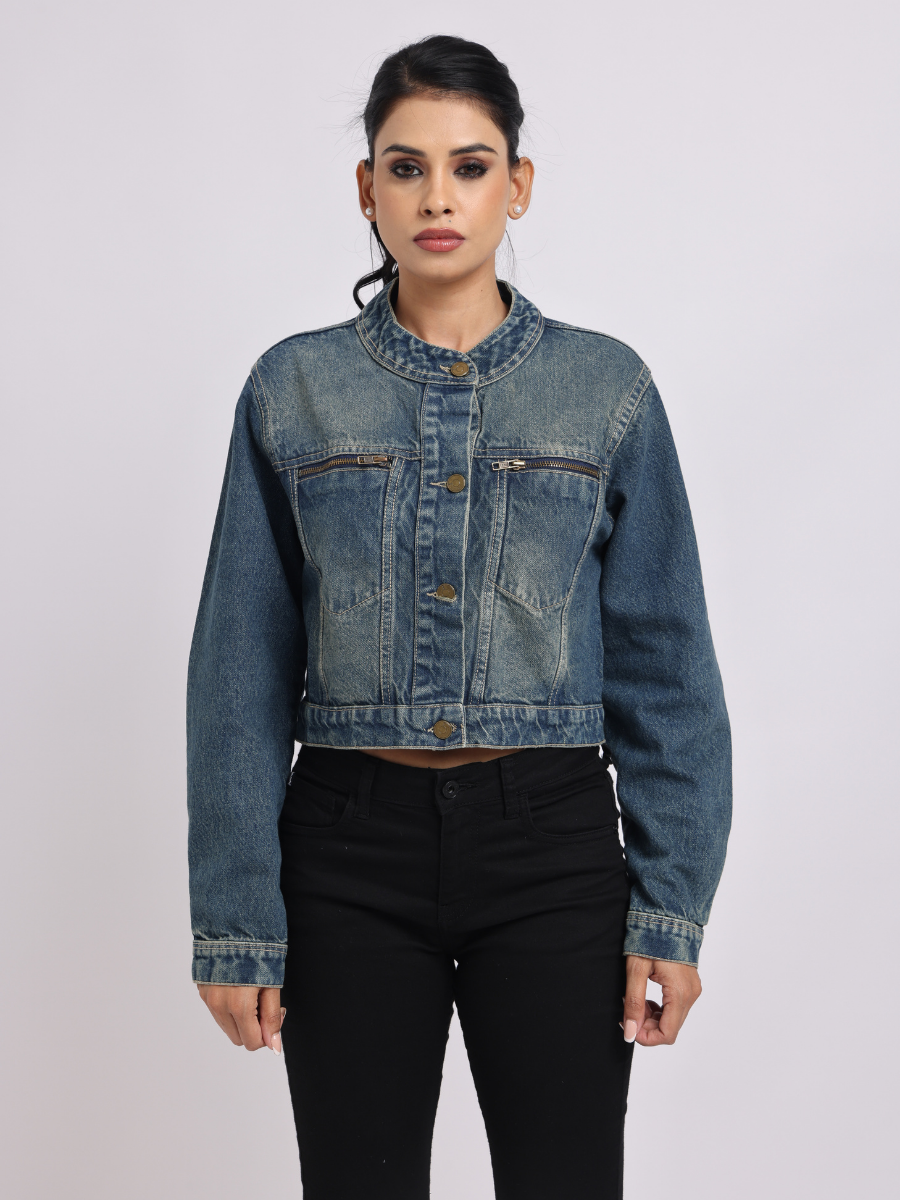Mid Blue Cropped Denim Jacket for Women