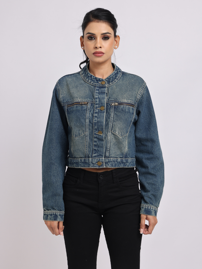 Mid Blue Cropped Denim Jacket for Women