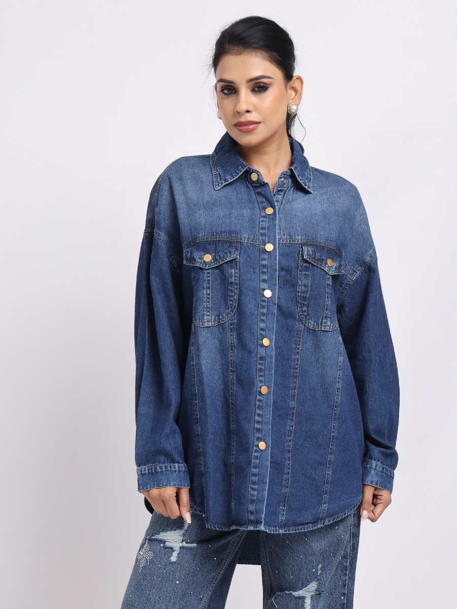 Dark Blue Oversized Denim Shirt with Dropped Shoulder