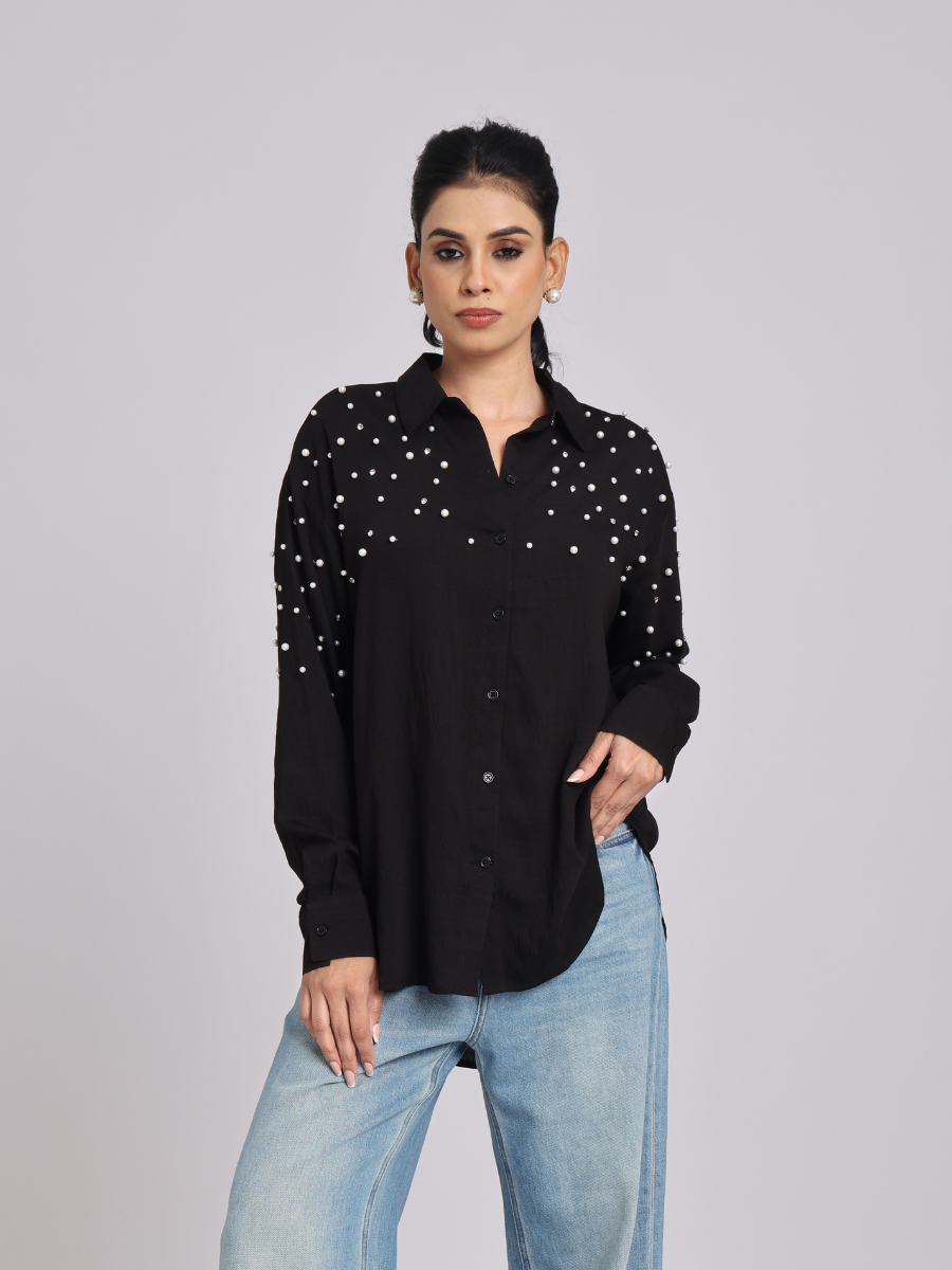 Black Oversized Pearl & Diamond Embellished Shirt