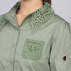Olive Cutwork Embroidered Cotton Shirt