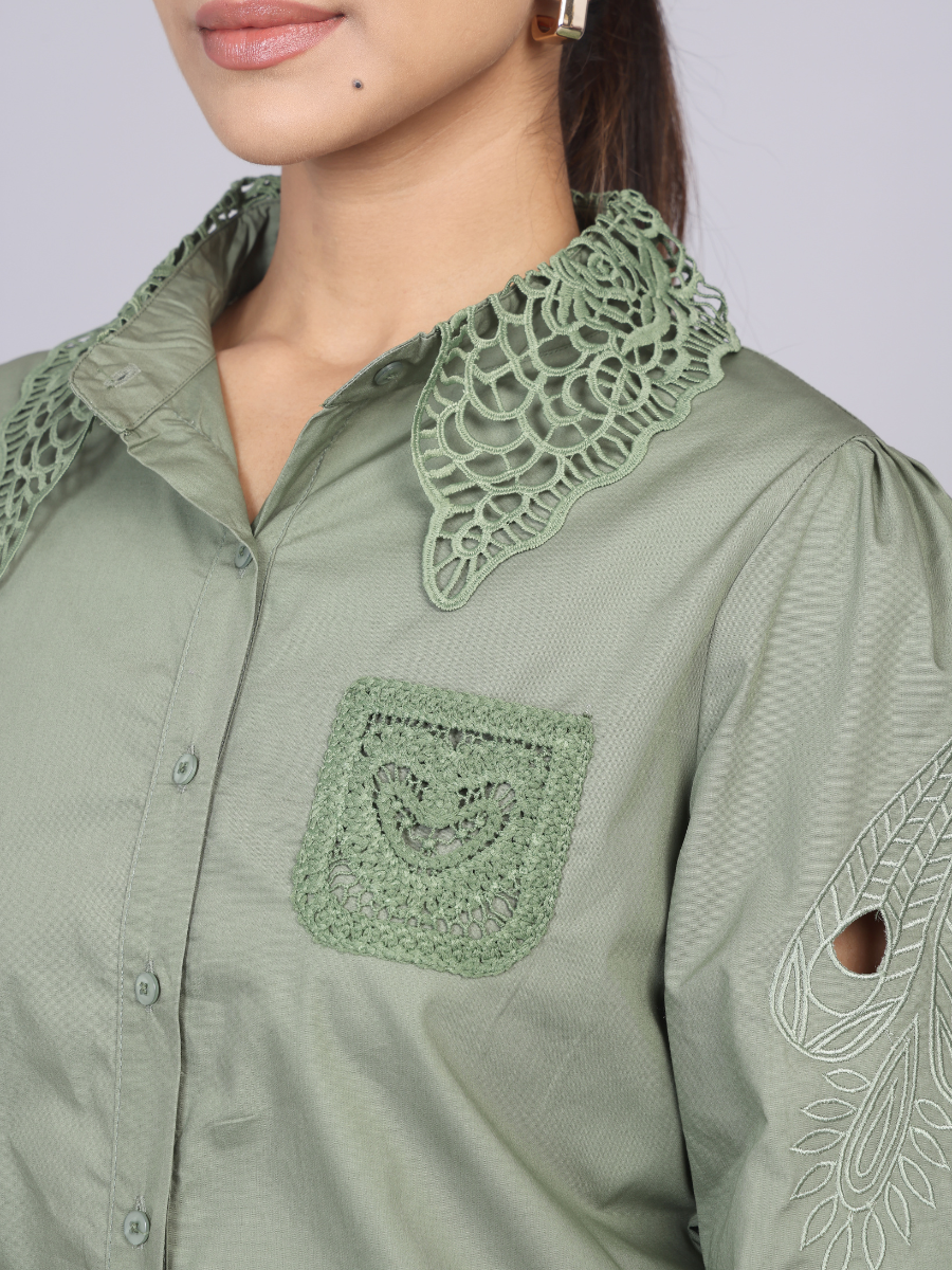 Olive Cutwork Embroidered Cotton Shirt