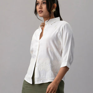 Classic White Embroidered Scallop Hem Shirt
