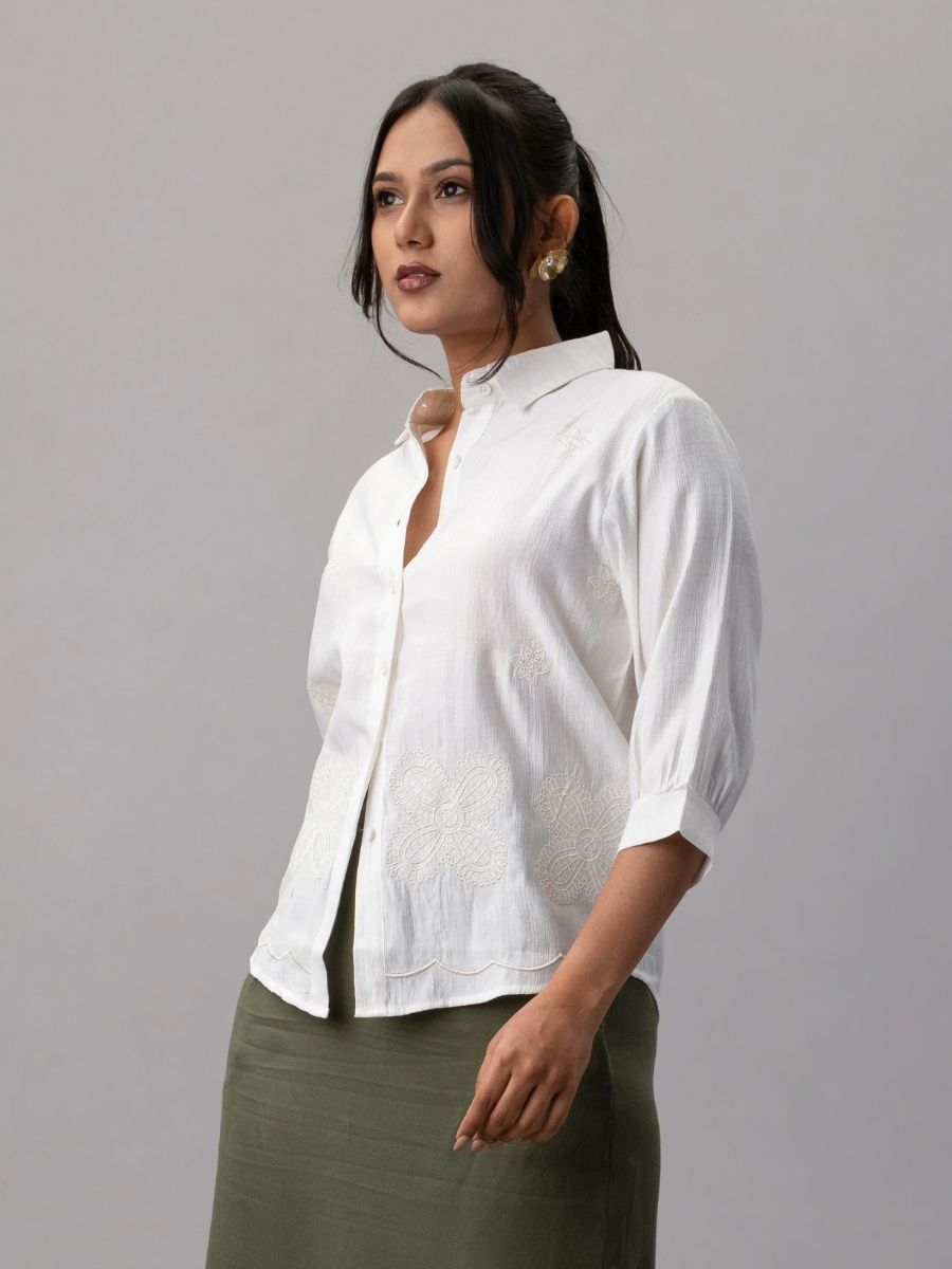Classic White Embroidered Scallop Hem Shirt